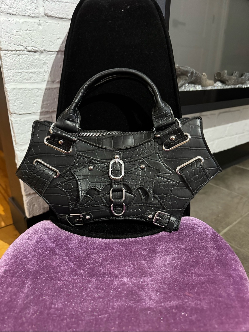 Black Croc-Embossed Bat Detail Handbag